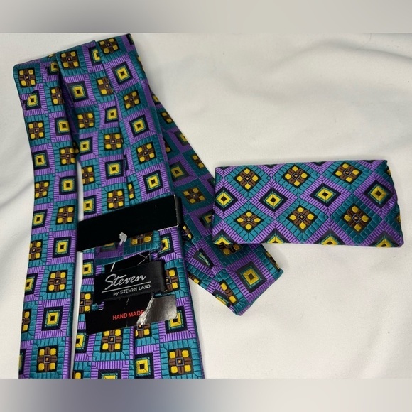 NEW Steven Land Men’s Tie with Double Sided Matching Pocket Square - Picture 9 of 11